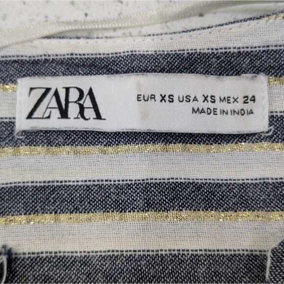 Zara White Blue Striped Button Down Tunic Shirt Long Sleeve Metallic Tassels XS - Picture 2 of 12